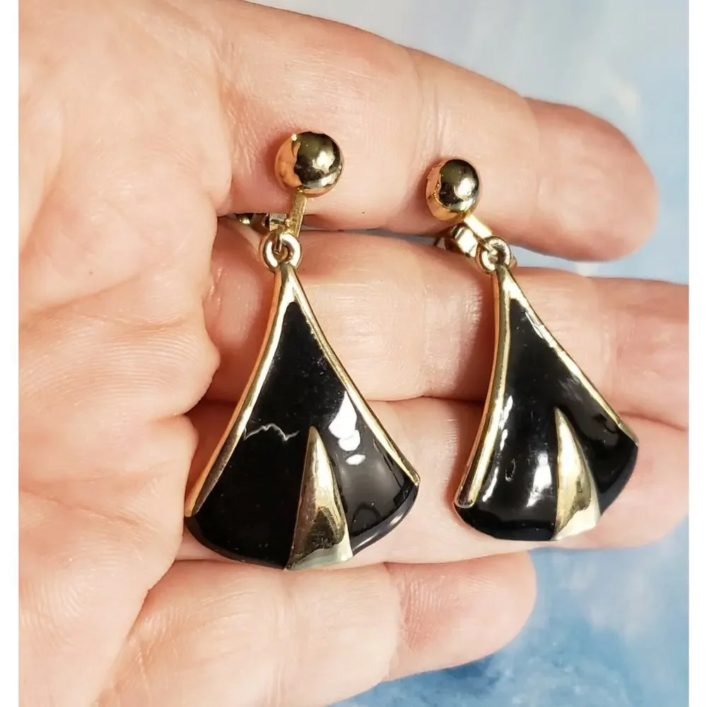 Vintage Dangle Clip on Earrings Gold‎ & Black Enameled 1.5